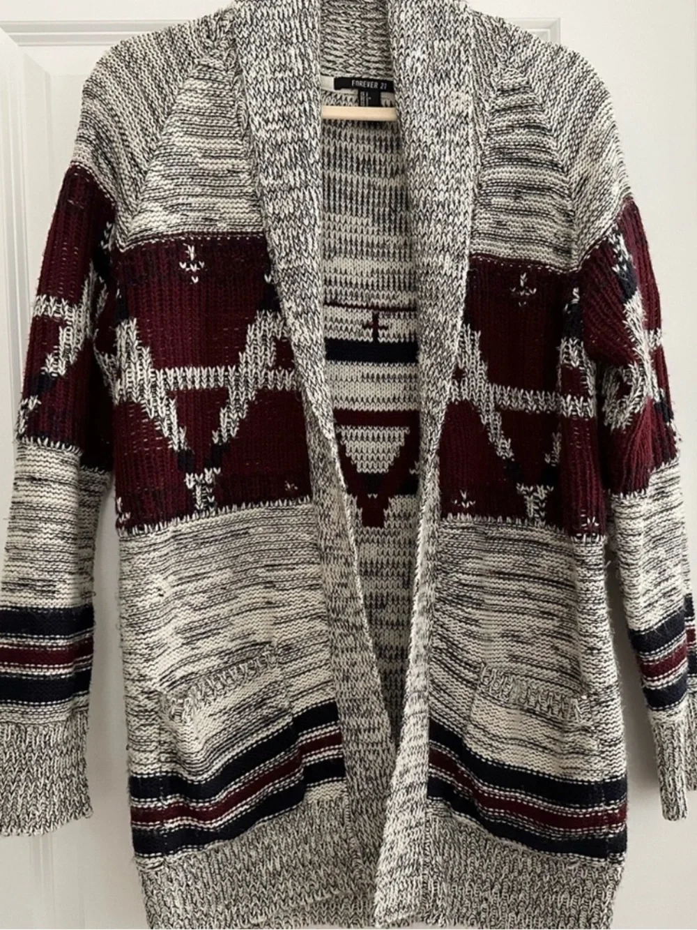 Fair Isle Fall Grey & Burgundy Open Front Oversized Cardigan Sweater